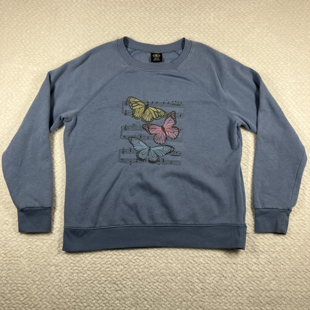 Women Embroidered Crewneck Sweatshirt Size M Purple Butterfly Music Lover
